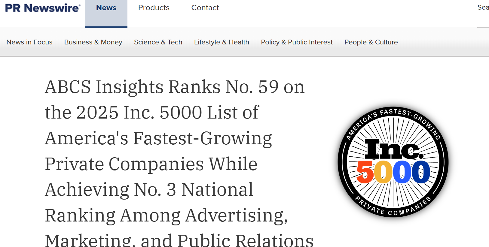 ABCS Insights Ranks No. 59 on the 2025 Inc. 5000 List of America's Fastest Growing Private Companies.