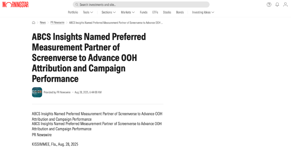 MorningStar: ABCS Insights Named Preferred Measurement Partner of Screenverse to Advance OOH Attribution and Campaign Performance
