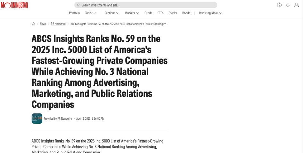 MorningStar: ABCS Insights Ranks No. 59 on the 2025 Inc. 5000 List of America's Fastest-Growing Private Companies While Achieving No. 3 National Ranking Among Advertising, Marketing, and Public Relations Companies