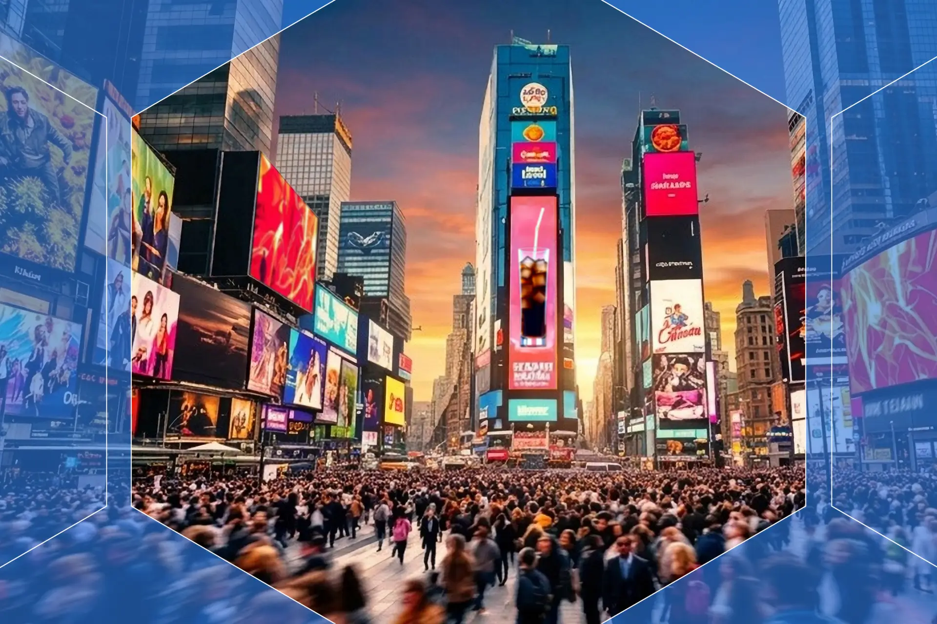 Crowds of people in Times Square with various digital billboards.