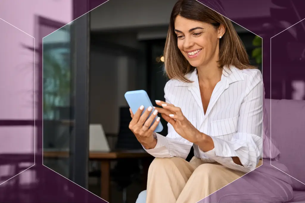 Light merlot transparent hexagon shaped-frame around woman looking at her phone