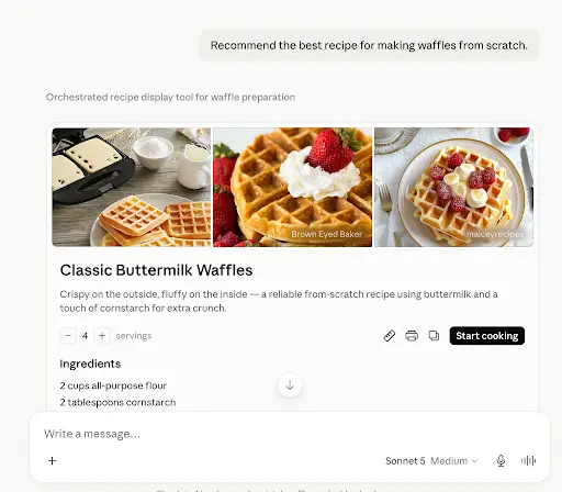 Claude AI recipe lookup displaying a classic buttermilk waffle recipe from scratch with ingredients, serving size, and a Start Cooking button.