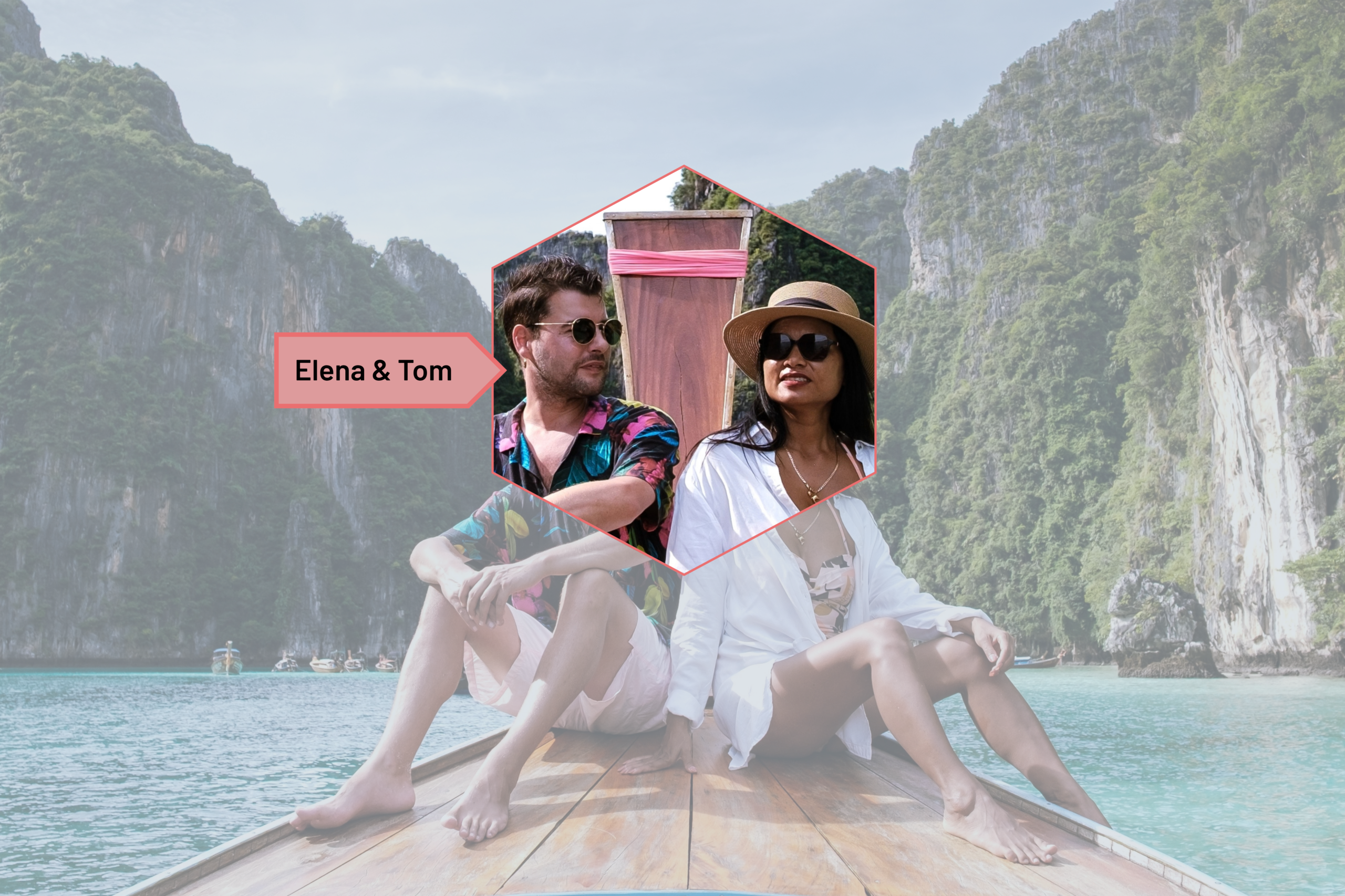 A couple sitting on the bow of a wooden longtail boat on turquoise water surrounded by dramatic limestone cliffs