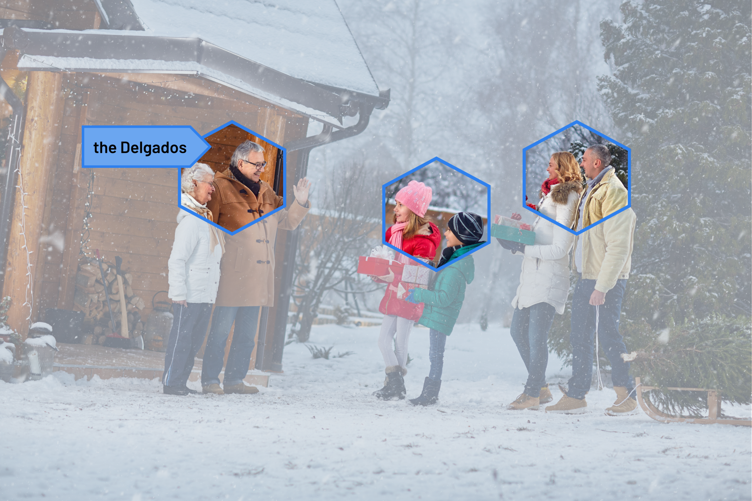 A multigenerational family exchanging gifts outside a snow-covered log cabin decorated with holiday lights