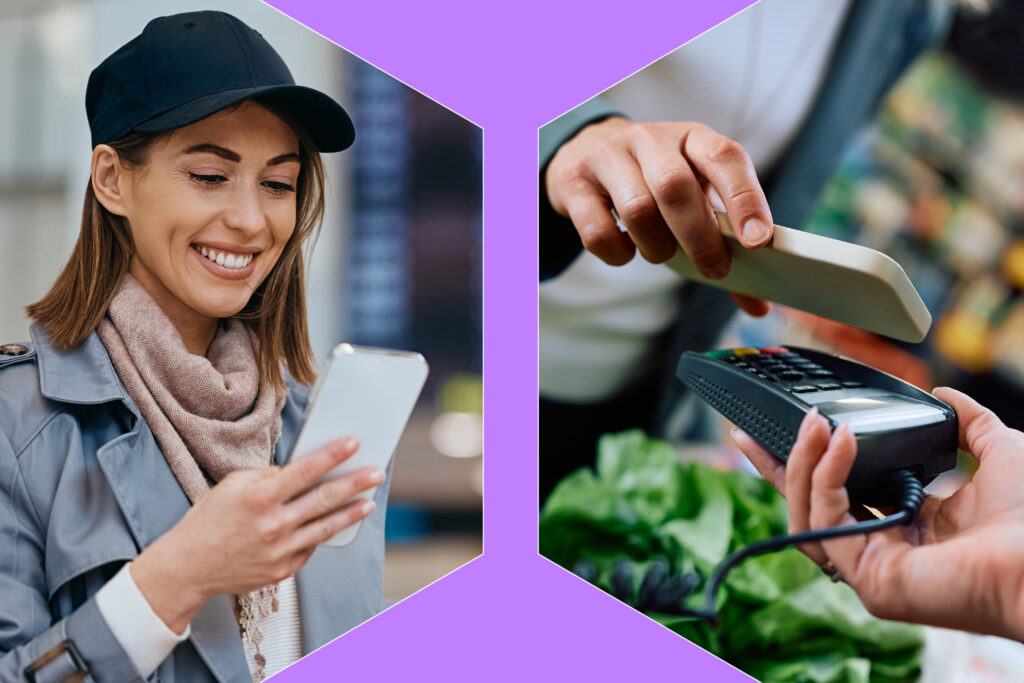 Split image of a smiling woman in a cap and trench coat looking at her phone beside a shopper tapping a phone to pay at a grocery checkout.